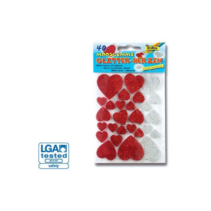 Folia Moosgummi Glitter-Sticker Herzen rot silber 40 Stück