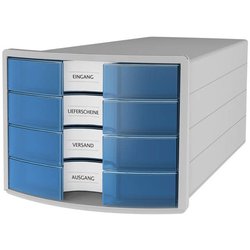 Schubladenbox IMPULS, transl.-blau A4/C4, 4 geschlossene Schubladen