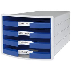 Schubladenbox IMPULS, blau A4/C4, 4 offene Schubladen