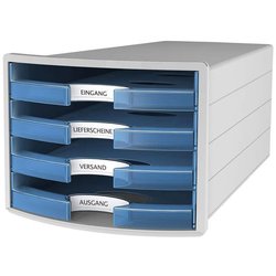 Schubladenbox IMPULS, transl.-blau A4/C4, 4 offene Schubladen